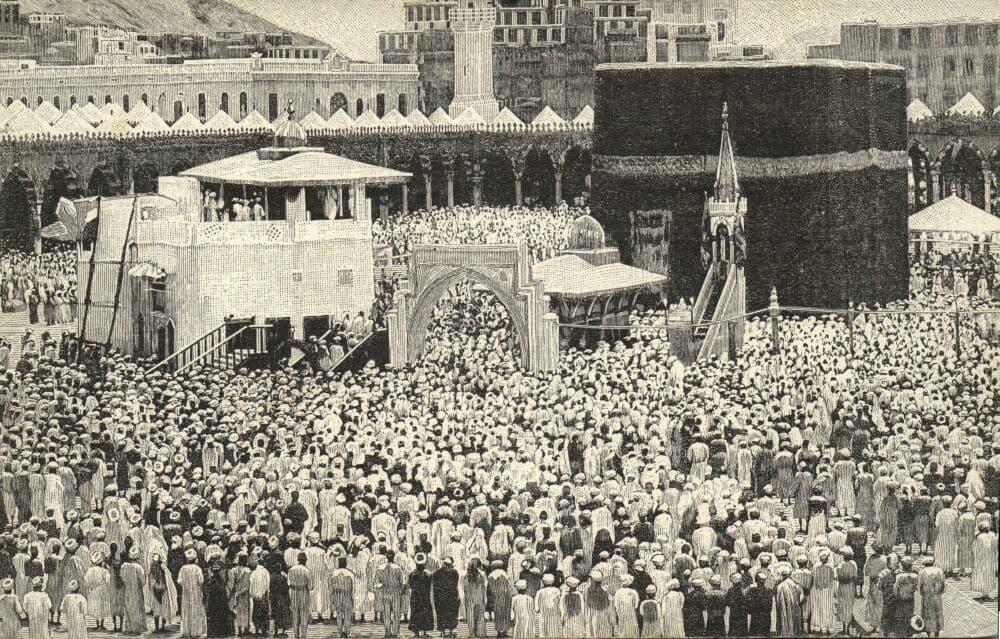 Pilgrims gathered around the Kaaba during the Hajj, photographed in 1886